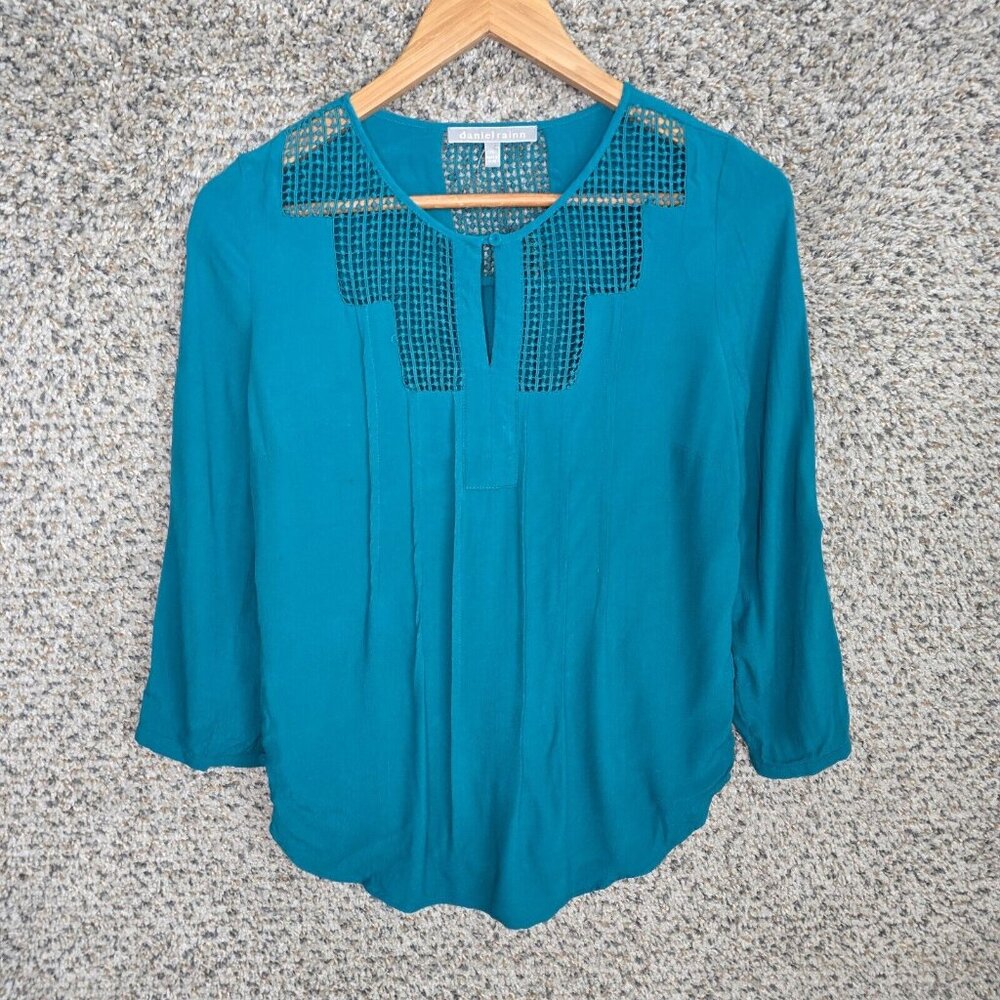 Daniel Rainn Top Womens PS Petite Small Blue Keyhole Neck Blouse Ladies